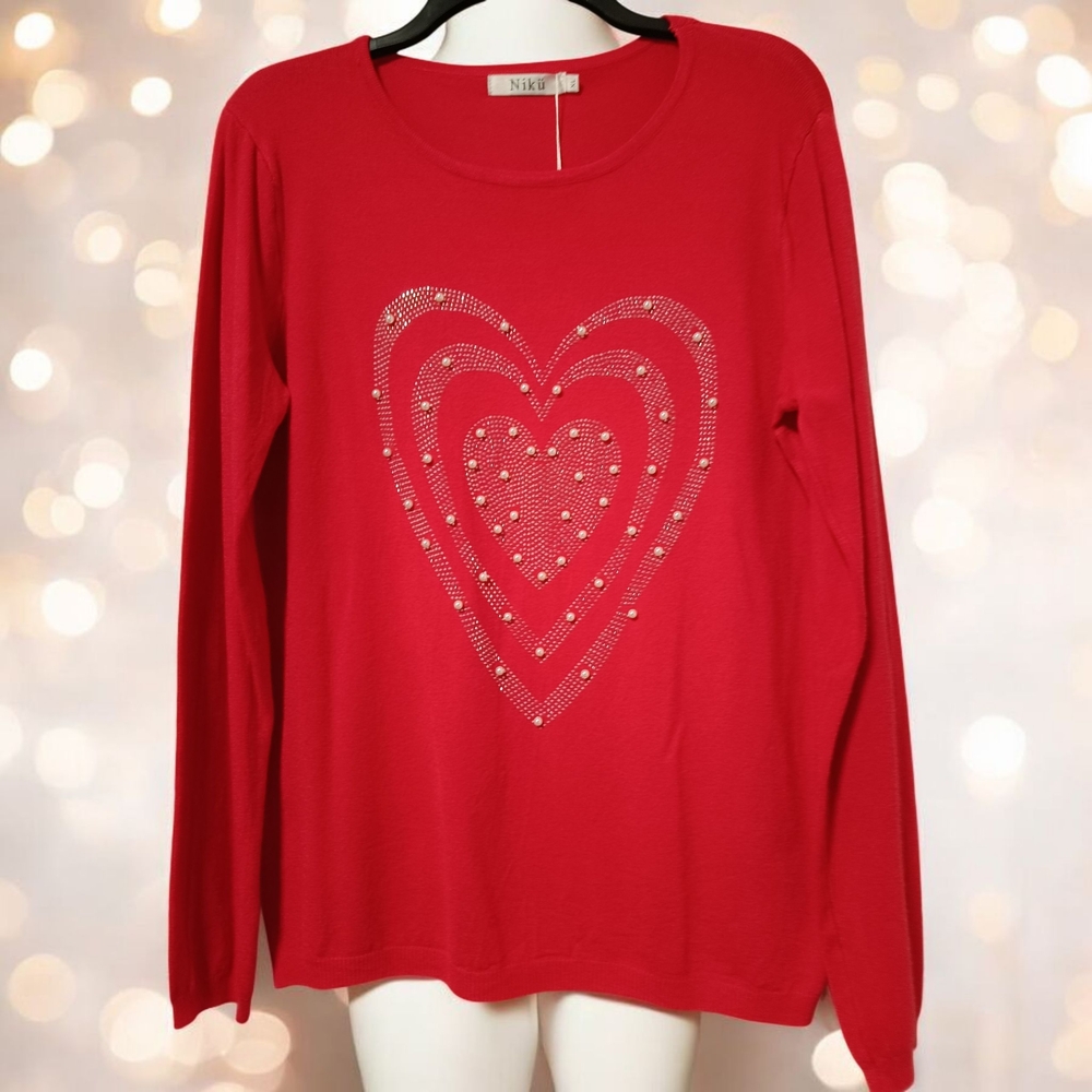 XL❤️Vintage Festive Vibrant Red Sweater Heart Pearls Design Fall Outfit